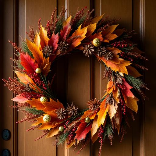 En fargerik høstkrans til å henge på døren.