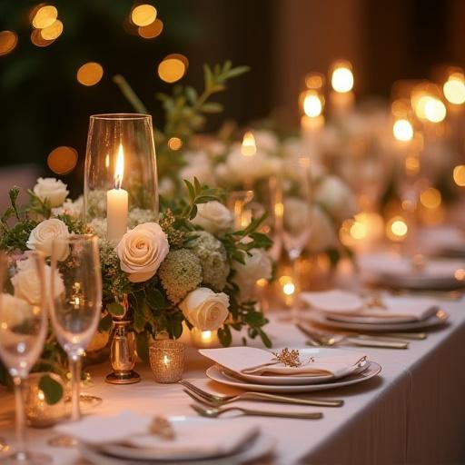 Et vakkert dekket bryllupsbord med blomsterdekorasjoner.